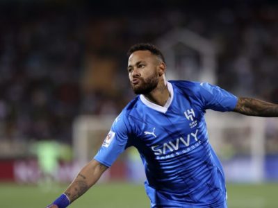 Al Hilal's Neymar celebrates after scoring a goal against Iran's FC Nassaji Mazandaran during the AFC Champions League Group D soccer match between Al Hilal and Nassaji Mazandaran at the Azadi Stadium in Tehran, Iran, Tuesday, Oct. 3, 2023. (AP Photo)