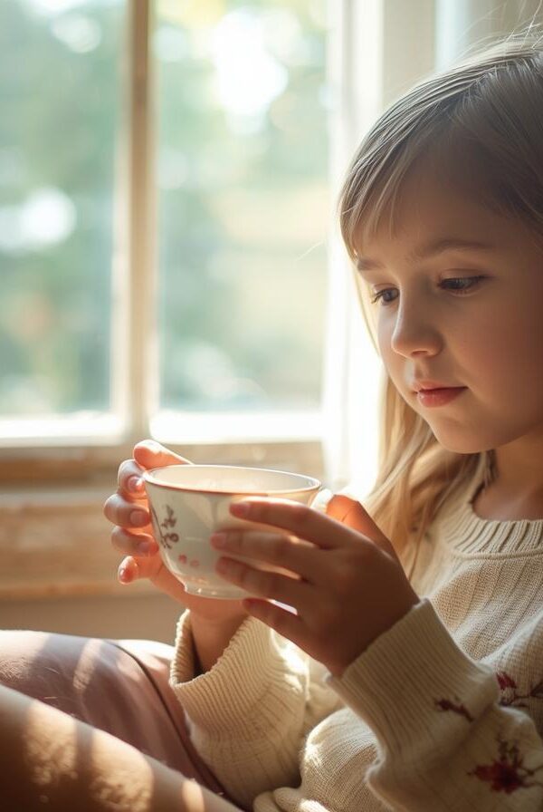 Djevojka kako sjedi i pije caj 600x896