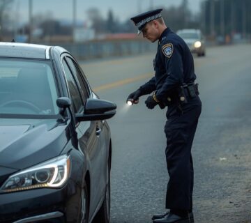 Slika policajca kako je zaustavio auto na cesti i pregleda ga 360x320