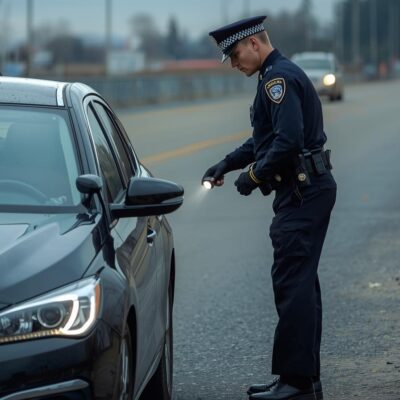 slika policajca kako je zaustavio auto na cesti i pregleda ga slika policajca kako je zaustavio auto na cesti i pregleda ga