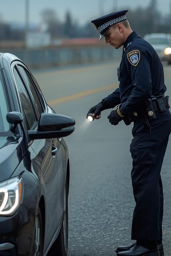 Slika policajca kako je zaustavio auto na cesti i pregleda ga 600x896