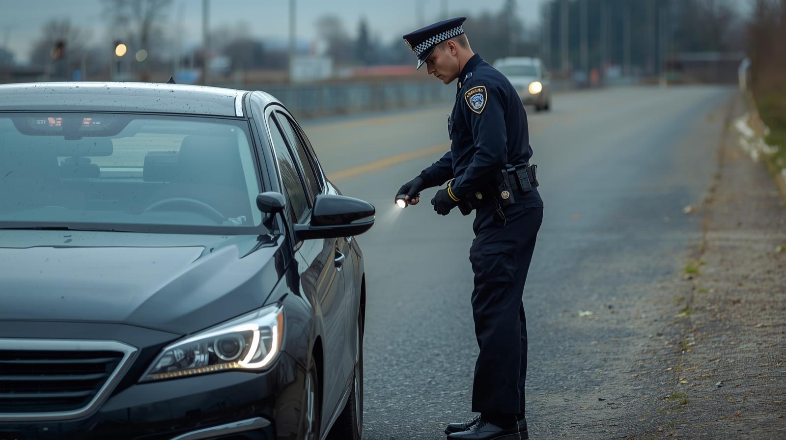 Slika policajca kako je zaustavio auto na cesti i pregleda ga