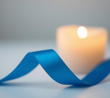 Plava vrpca i svijeca u pozadini 360x320