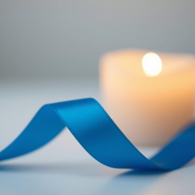 Plava vrpca i svijeća u pozadini