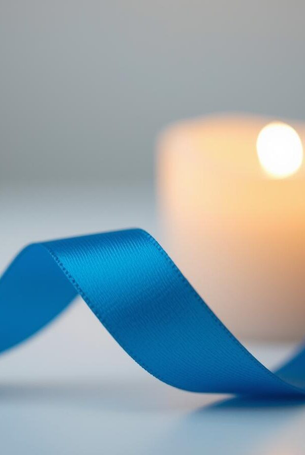 Plava vrpca i svijeca u pozadini 600x896