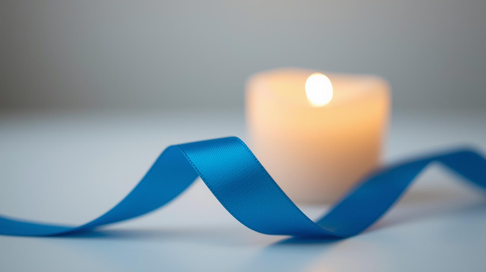 Plava vrpca i svijeca u pozadini