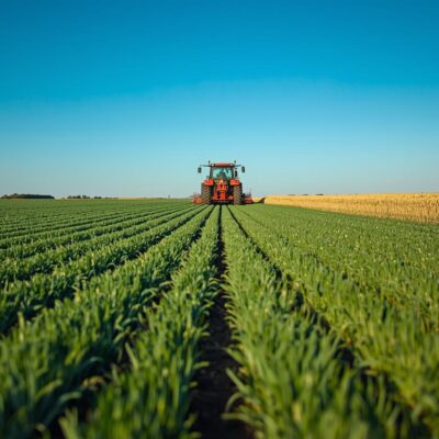 poljoprivredno polje sa traktorom kako radi u polju pšenica
