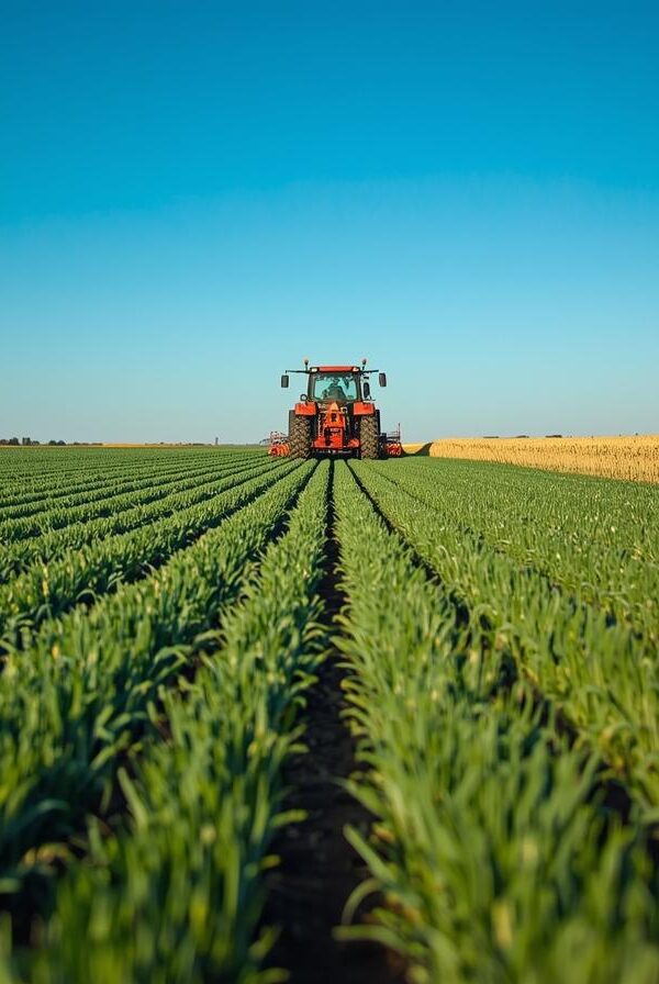 Poljoprivredno polje sa traktorom kako radi u polju psenica 600x896