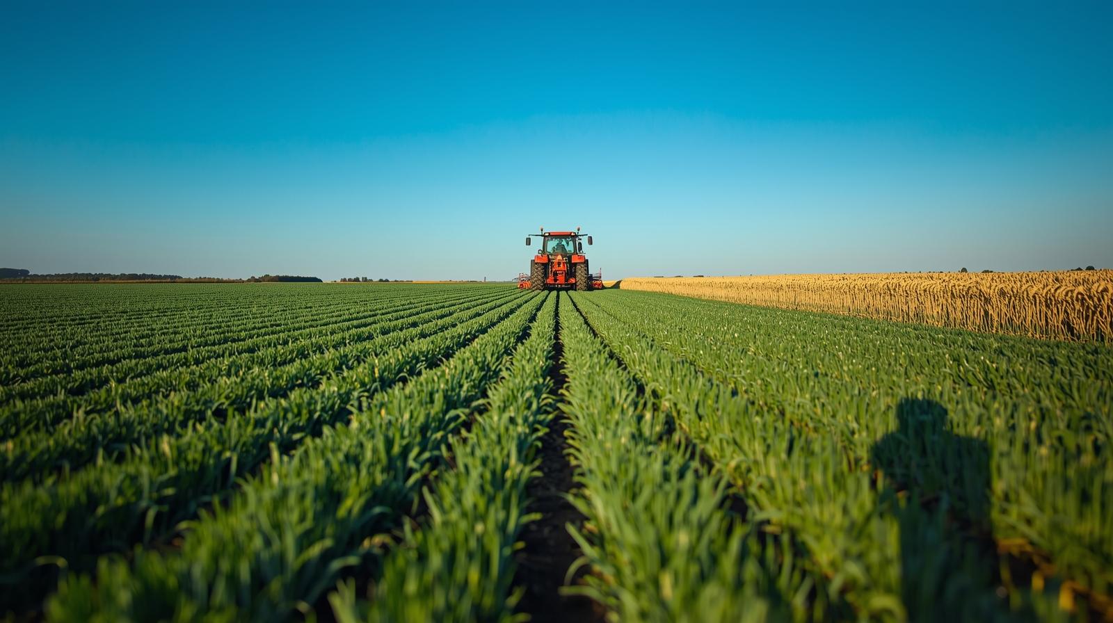 Poljoprivredno polje sa traktorom kako radi u polju psenica