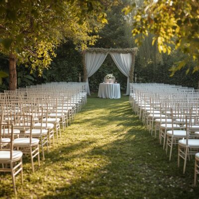 vjenčanje na otvorenom, stolice stolovi, bez ljudi