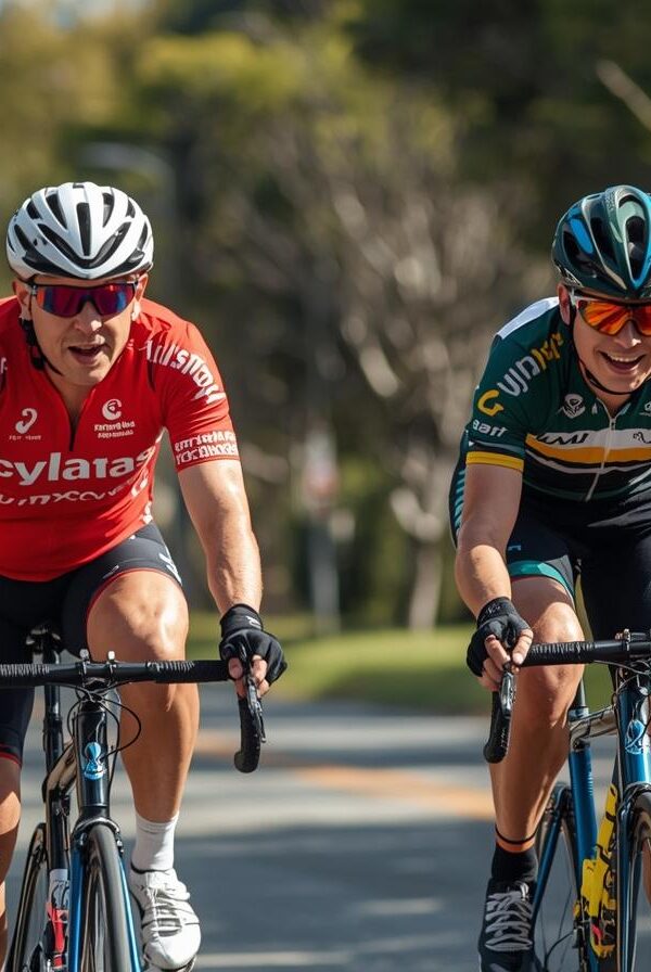 Biciklisticka utrka par biciklista kako voze jedan za drugim raznih uzrasta 600x896