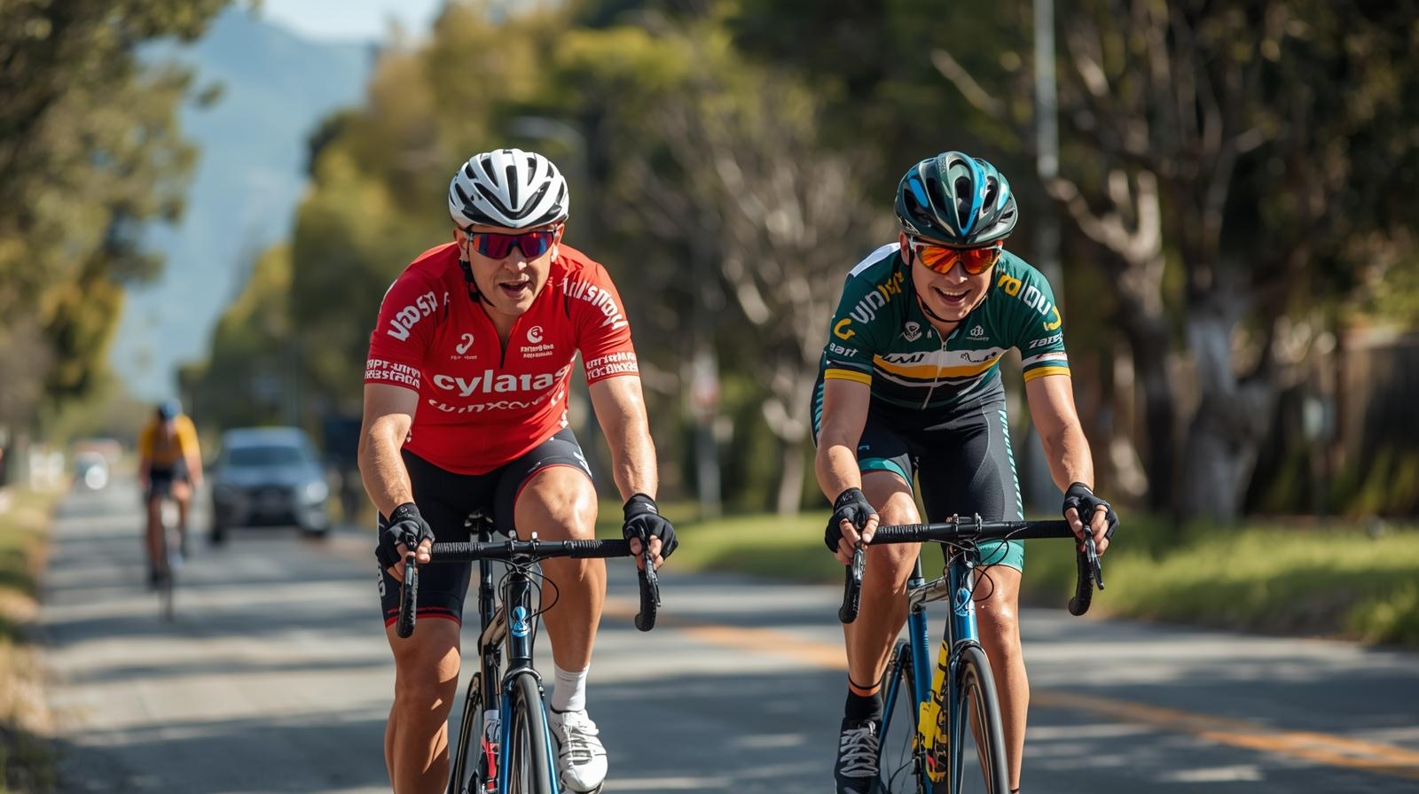 Biciklisticka utrka par biciklista kako voze jedan za drugim raznih uzrasta