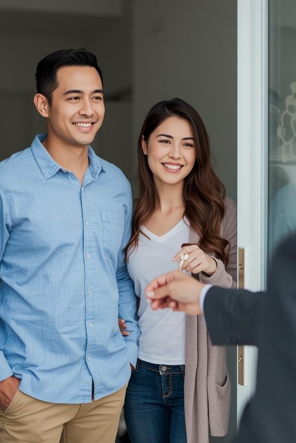 Bracni par preuzima kljuceve stana koji su kupili 600x896