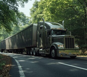 kamion na cesti što vozi izvanredni prijevoz, jako dugi kamioni prolazi cestom koja je vijugava, šuma okolo kamion na cesti što vozi izvanredni prijevoz, jako dugi kamioni prolazi cestom koja je vijugava, šuma okolo