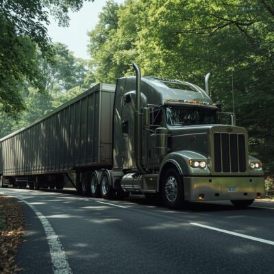 kamion na cesti što vozi izvanredni prijevoz, jako dugi kamioni prolazi cestom koja je vijugava, šuma okolo kamion na cesti što vozi izvanredni prijevoz, jako dugi kamioni prolazi cestom koja je vijugava, šuma okolo