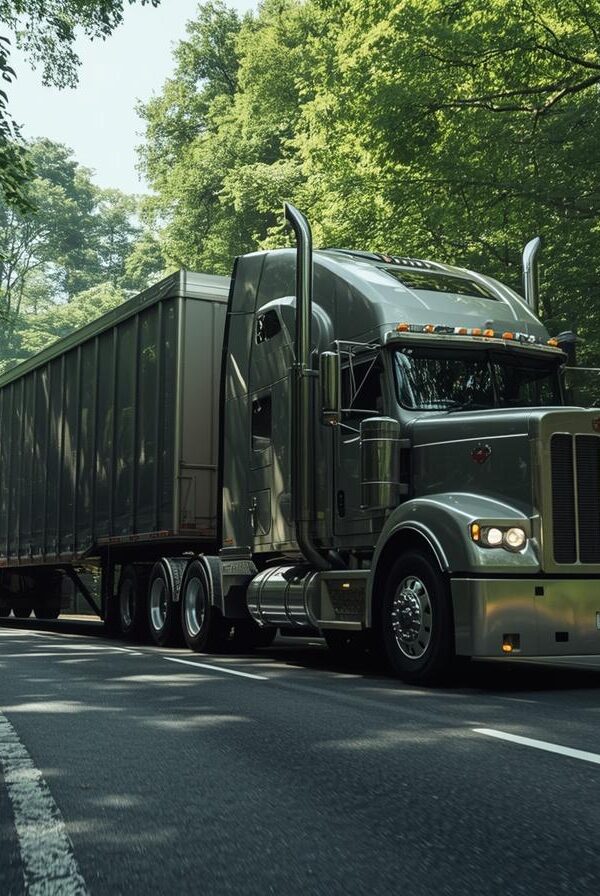 Kamion na cesti sto vozi izvanredni prijevoz jako dugi kamioni prolazi cestom koja je vijugava suma okolo 600x896