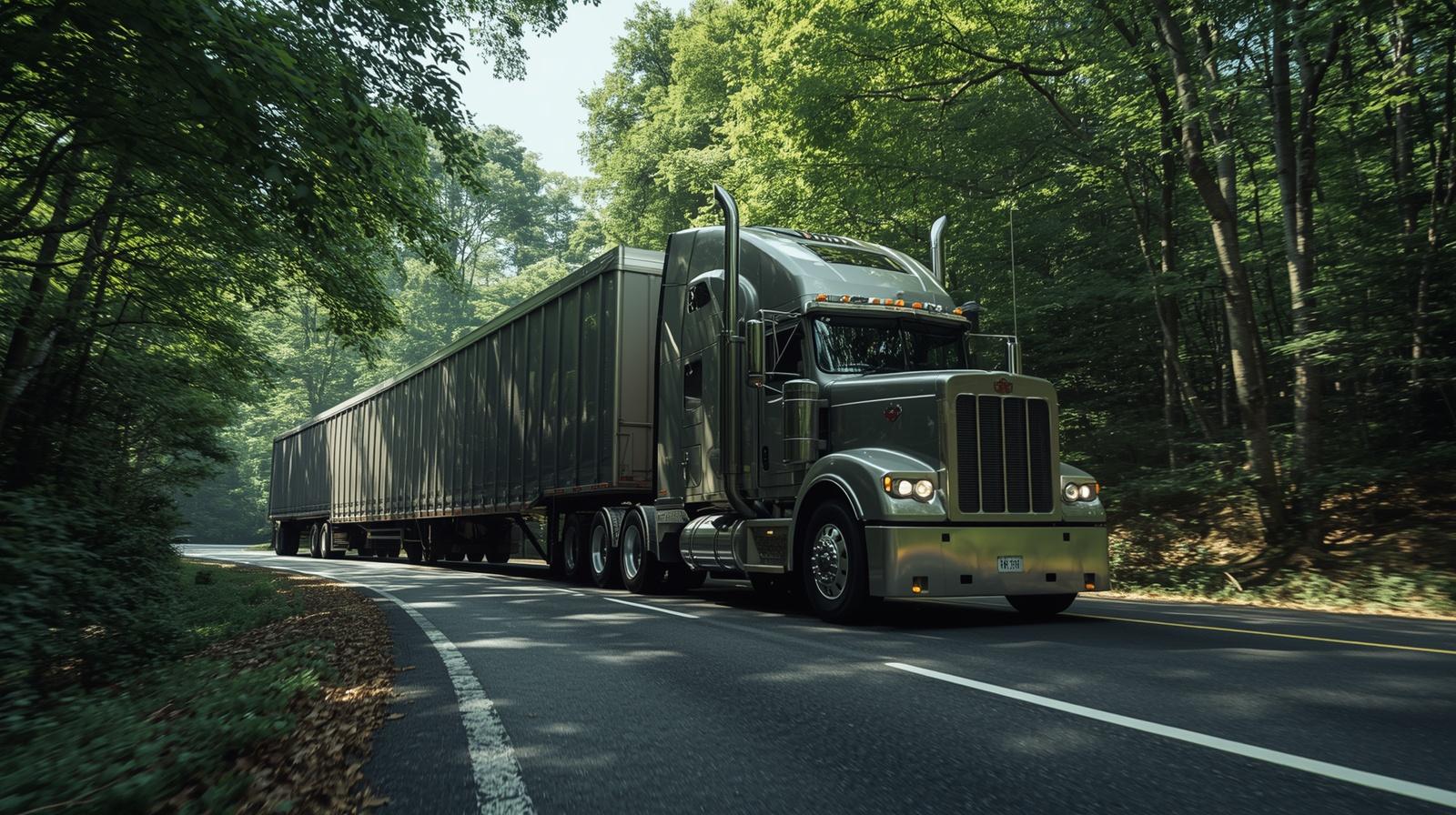 Kamion na cesti sto vozi izvanredni prijevoz jako dugi kamioni prolazi cestom koja je vijugava suma okolo