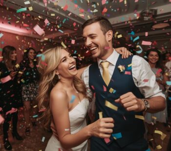 mladenci kako plešu na svadbi, nasmijani, konfete lete uokolo