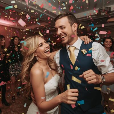 mladenci kako plešu na svadbi, nasmijani, konfete lete uokolo