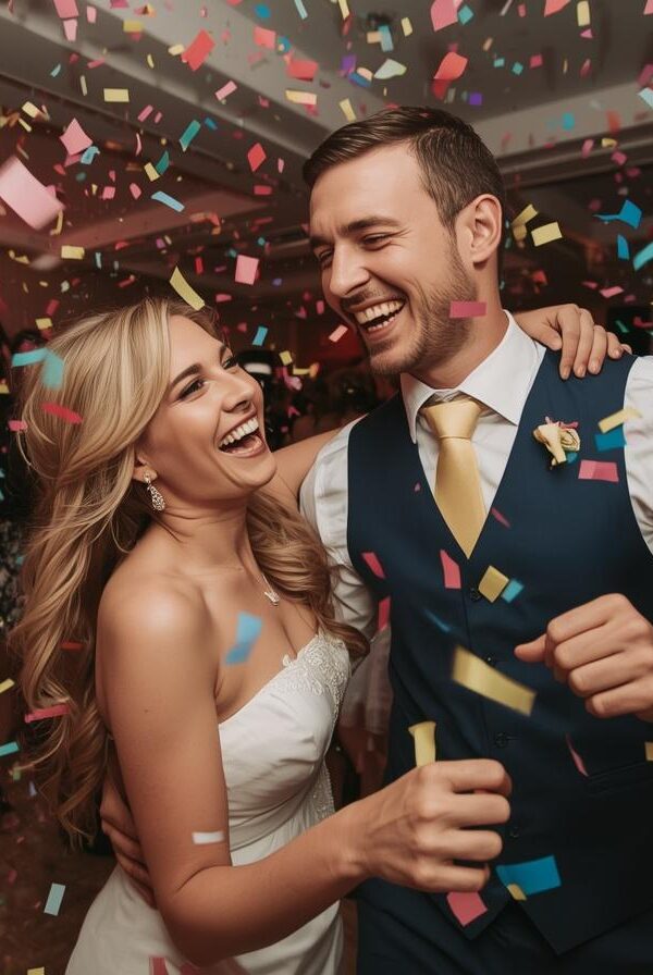 Mladenci kako plesu na svadbi nasmijani konfete lete uokolo 600x896