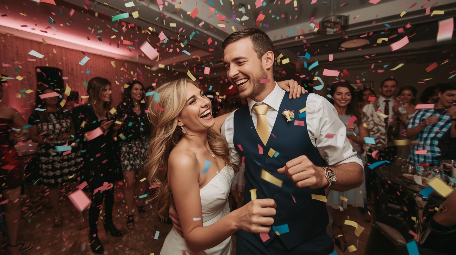 Mladenci kako plesu na svadbi nasmijani konfete lete uokolo