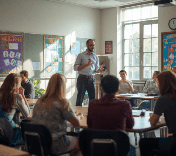 Profesor na nastavi u ucionici ucenici sjede okupljeni oko rada 1 360x320