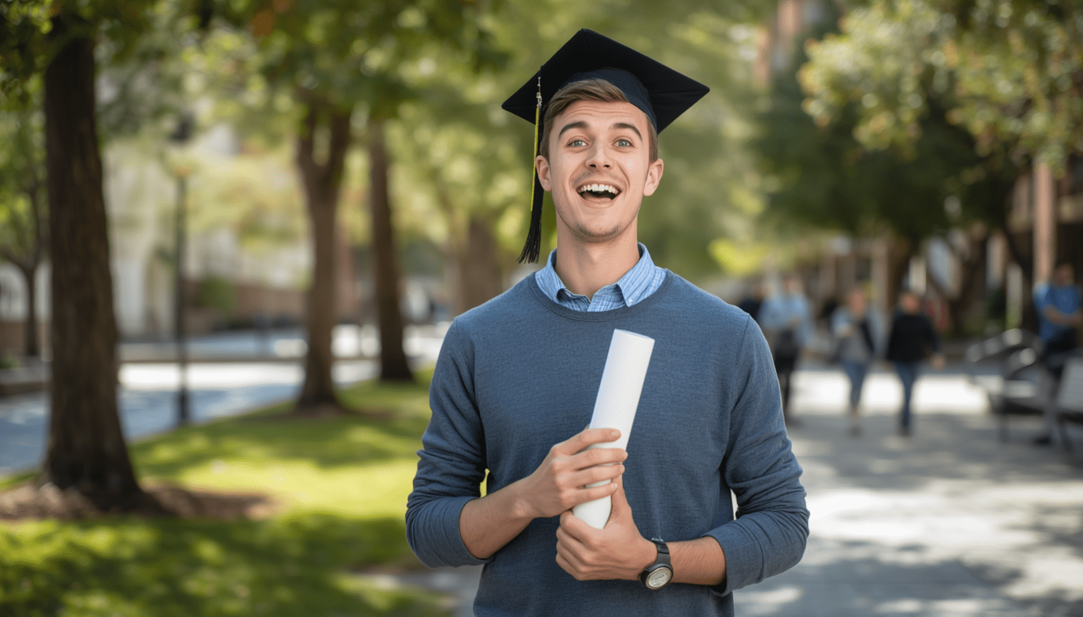 Student sa kapom na glavi i papirom u ruci