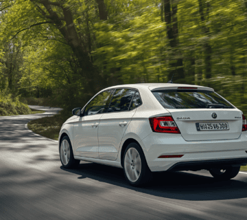 Bijela skoda fabia da se pola auta vidi sa strane na cesti 360x320