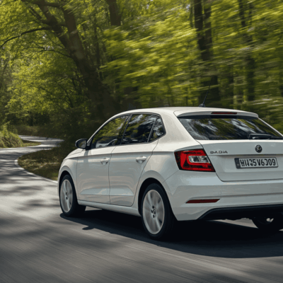 bijela škoda fabia, da se pola auta vidi, sa strane, na cesti