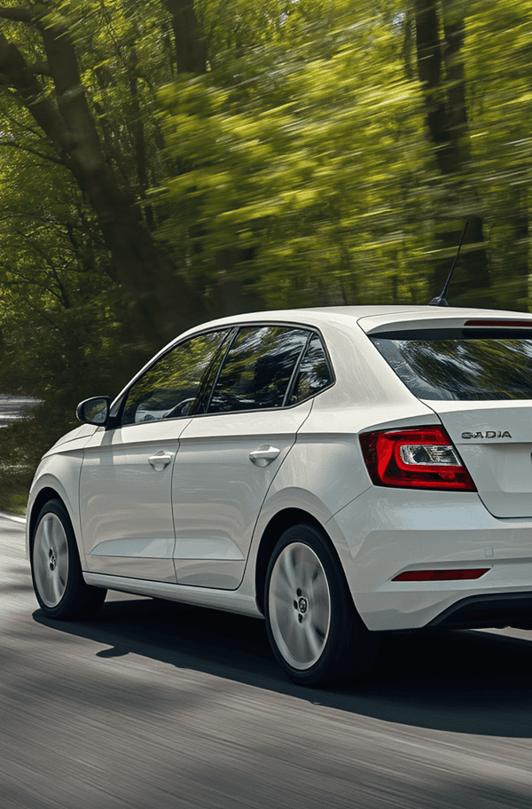 Bijela skoda fabia da se pola auta vidi sa strane na cesti 600x912